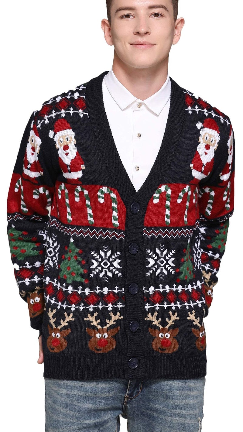 *daisysboutique* Men's Christmas Rudolph Reindeer Holiday Festive Knitted Sweater Cardigan Ugly Pullover (Medium, Reindeer-Santa&Cane Cardigan) - Image 4